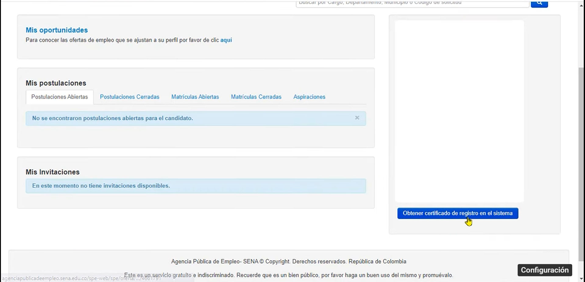 Sección de certificados en la APE