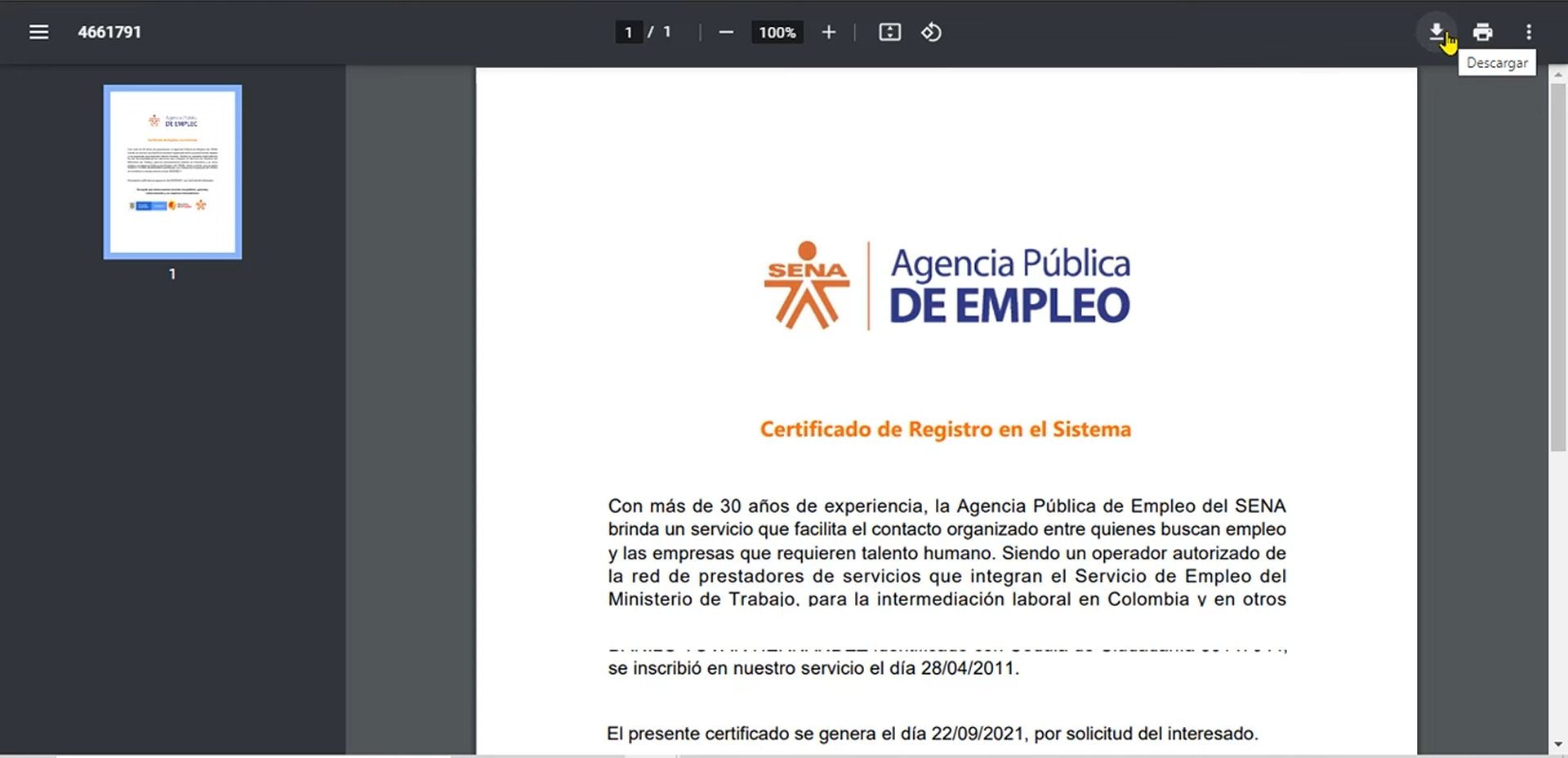 Proceso de descarga de certificado