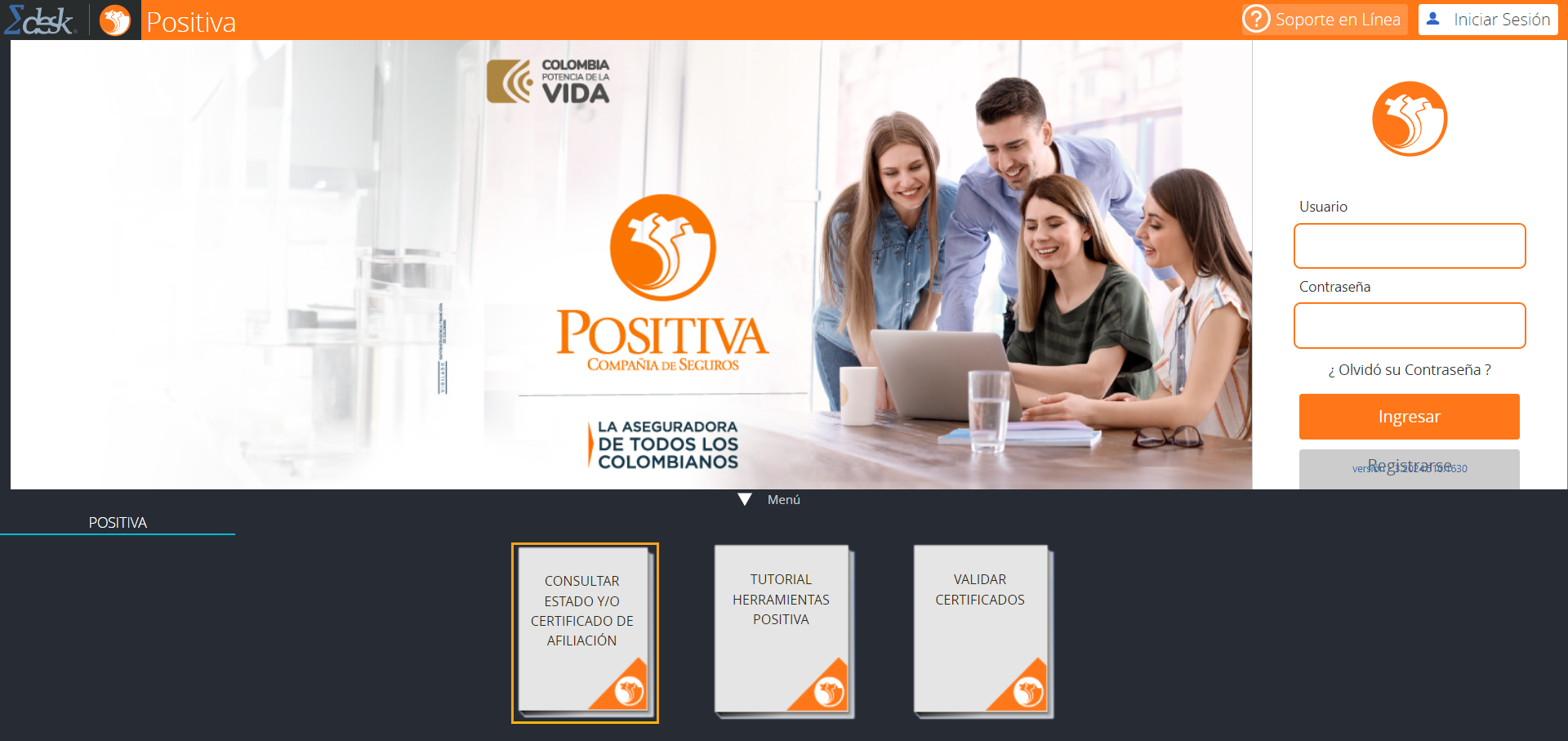 Opción Consultar Estado y/o Certificado de Afiliación en Positiva en Línea
