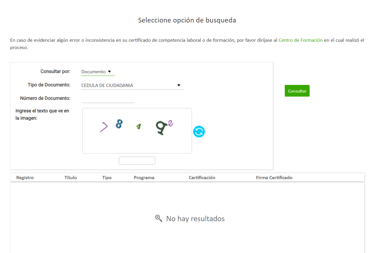 Formulario de consulta de certificados SENA con captcha