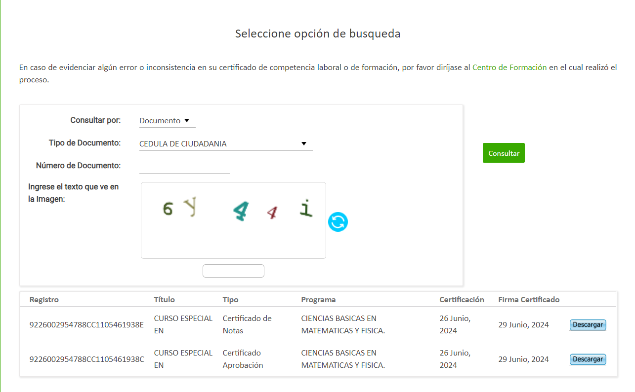 Selección del tipo de certificado y botón de descarga